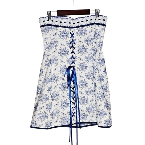 With Jean‎ Sabrin Mini Dress Toile Papillon Strapless Floral Blue White Size M - Picture 8 of 13